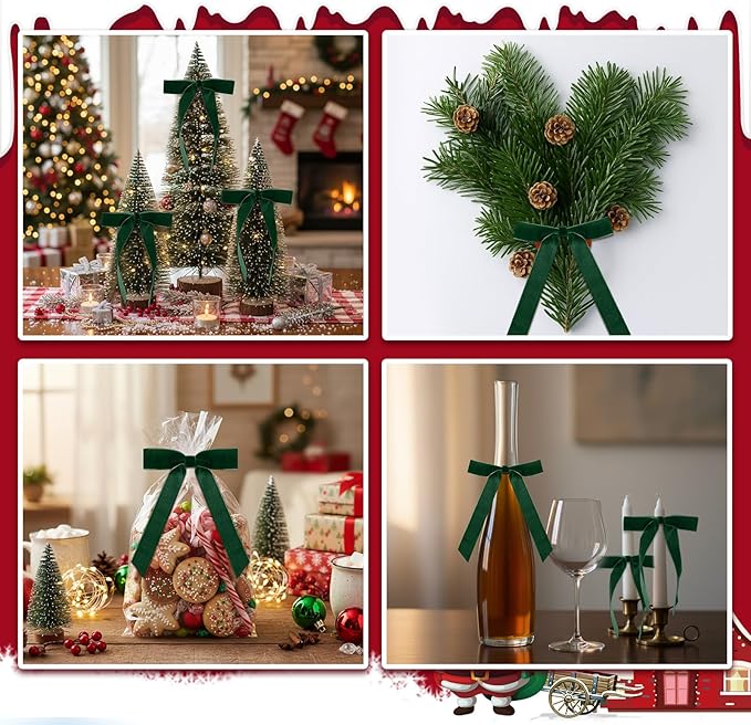 Riceshoot Velvet Bow Napkin Rings Bows with Gold Semicircle Metal Napkin Ring Velvet Bow Holder for Wine Bottles Table Settings Candlestick Wedding Valentine's Day Dinner(Green,6 Pcs)