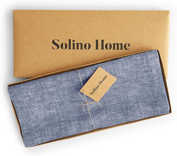 Solino Home Linen Chambray Indigo Table Runner 108 Inches Long - Athena, 100% Pure Linen 14 x 108 Inch Table Runner for Winter, Spring, Easter
