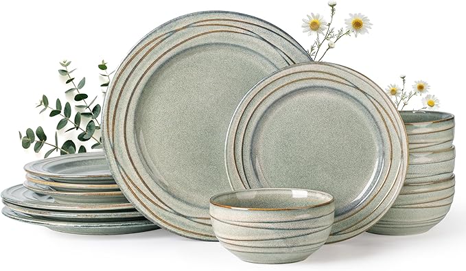 GBHOME Ceramic Dinnerware Sets,12 pcs Embossed Elegant Stoneware Plates and Bowls Sets, Housewarming Wedding Gift | Dishwasher & Microwave Safe | Dishes Set Service for 4,Desert Sage