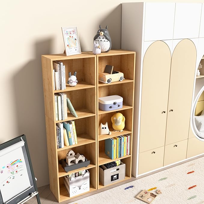 Wooden 5 Cube Storage Organizer, Oak 5 Tier Bookcase Bookshelf Freestanding Storage Display Organizer, Versatile Cubes Open Shelf and Cubby Unit for Living Room, Home Office, Dinning Room 15.7inch
