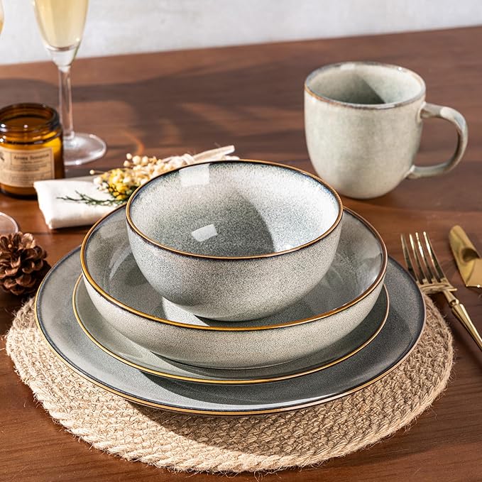 GBHOME 24 Pieces Ceramic Dinnerware Sets for 6, Stoneware Plates and Bowls Set with Reactive Glaze, Scratch Resistant Stoneware Dishes Set, Dishwasher & Microwave Safe