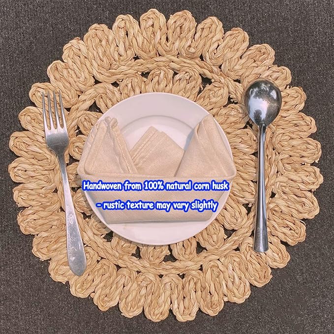 13.8" Round Corn Husk Placemats | Boho Woven Rattan Table Mats | Natural Spring Farmhouse Plate Chargers | Handmade Rustic Wicker Place Mats for Christmas Wedding (Set of 8)