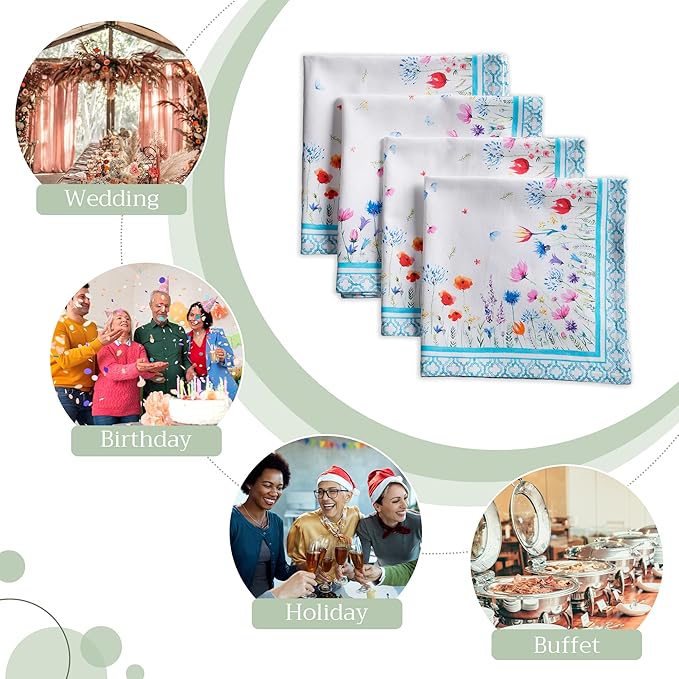 Maison d' Hermine Cloth Napkins Set of 4 100% Cotton Everyday Reusable Square Napkins Cloth Washable Dinner Wedding Restaurant Valentines Day Decorations Spring/Summer (Flower In The Field, 20" x 20")