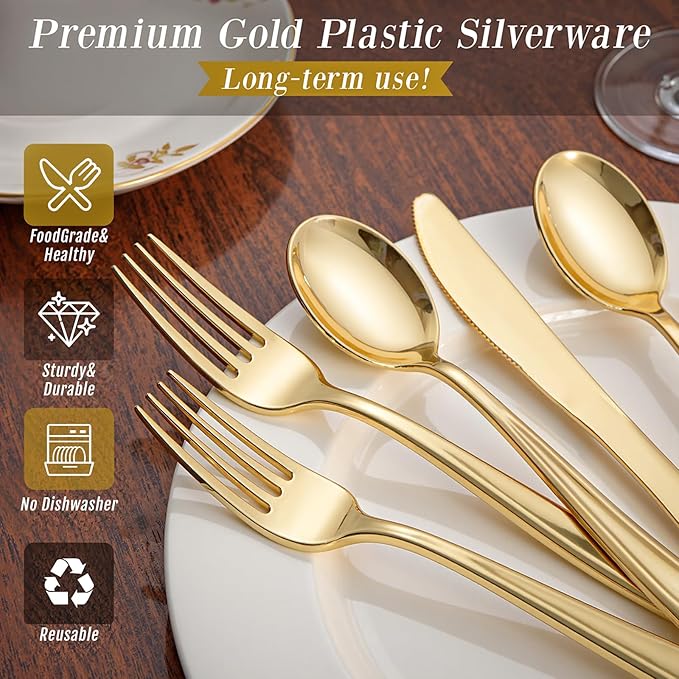 WDF 500PCS Gold Plastic Silverware Set Disposable - Gold Cutlery Set Plastic - 250Forks, 125 Spoons, 125 Knives for Birthday Wedding Valentine's Day