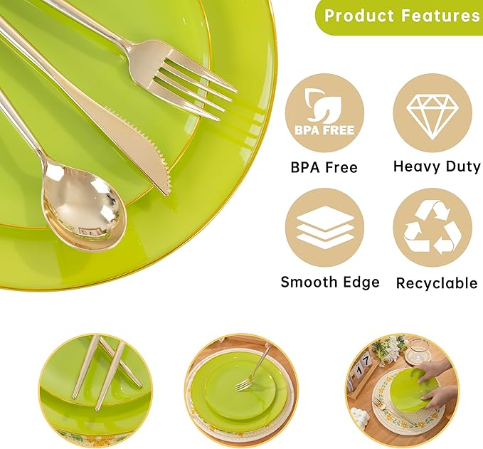 MirthMood 210pcs Green Plastic Plates,Disposable Green Gold Party Plates,Include 30 Dinner,Dessert Plate,30 Cup&30 Napkins, 90 Gold Silverware for Wedding & Party & Birthday（grape green）