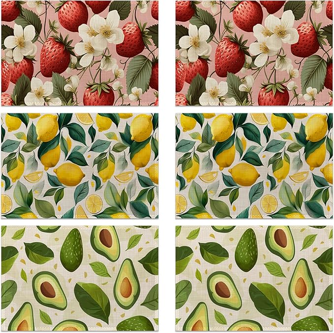 Tropical Fruit 12x18 Inch Placemats Set of 6 - Waterproof, Non-Slip & Washable Boho Colorful Table Mats for Kitchen & Dining Table Placemats