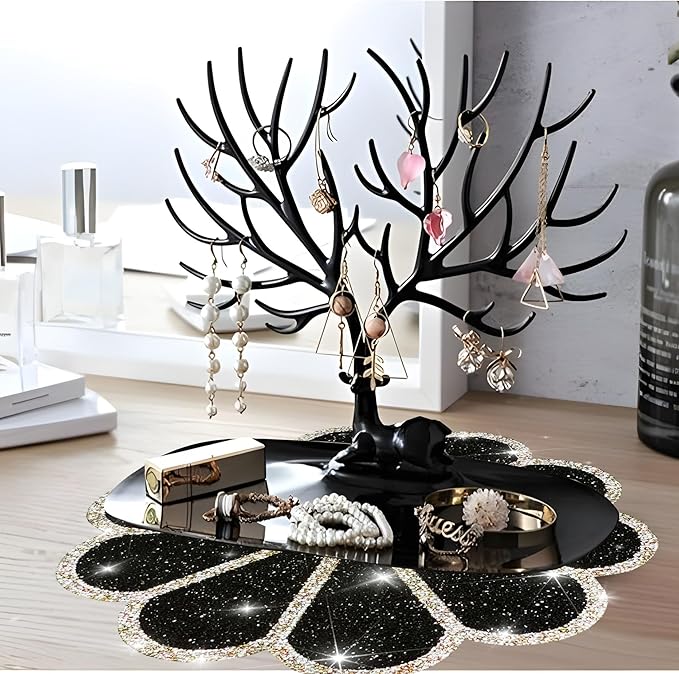 Washable Waterproof Diamond Circle Placemats for Round Tablescape Decor for Dinner and Kitchen Bling Placemats for Weddings & Special Events (Black)-2PCS