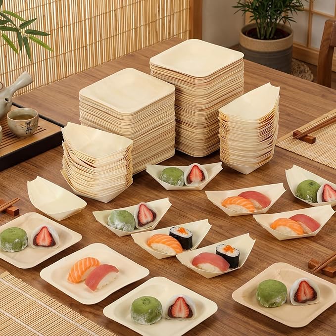 LemonRoad 600 Pcs Disposable Bamboo Appetizer Plates 4" Included 300 Mini Wood Boat Plates Dishes and 300 Small Square Palm Leaf Bowls Sushi Dish Serving Tray Food Container for Catering Home Wedding