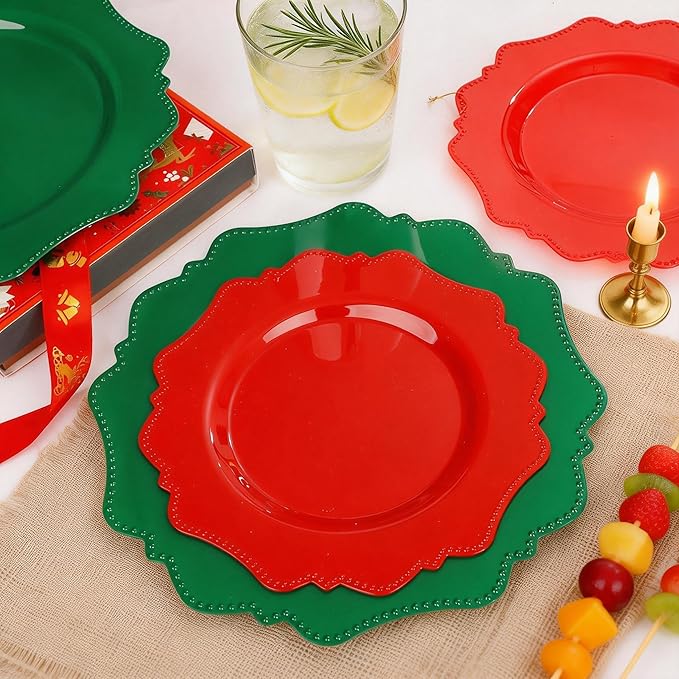 COLOSUS 100pcs Red and Green Plastic Plates, Red and Green Christmas Plastic Plates, Heavy Duty 25 Green/Red Dinner plate 10.5” and 25 Red/Green Salad/Dessert Plate 8.25” suite for Festival