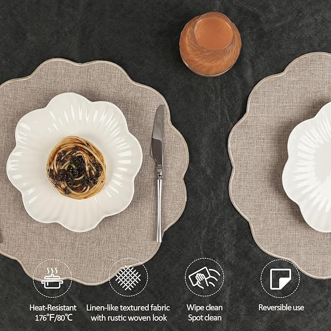 AHHFSMEI Round Faux Linen Placemats Set of 4 Waterproof Table Mats Heat Resistant Non-Slip and Stain Proof for Kitchen Dining Elegant Decor (Linen Beige,4)