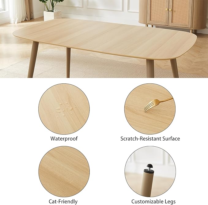 55.1'' Natural Wood Dining Table Set for 4 with Leather Chairs - Easy Assembly 4-Piece Kitchen Table and Chair Set, Scratch-Resistant Waterproof Surface (Modern Farmhouse Style)