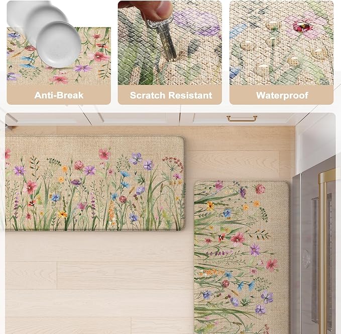 KIMODE Kitchen Mats for Floor Anti Fatigue, Boho Flower Kitchen Rug, Cushioned Kitchen Floor Mats, Comfort Standing Mat, Padded Kitchen Floor Mat for Sink Laundry Office Desk 20"x39" Brown