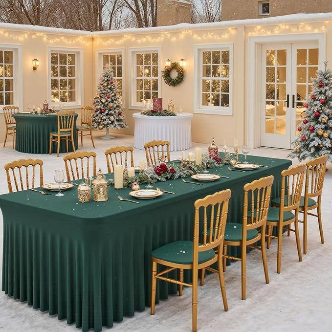 2 Pack Dark Green 6FT Rectangle Spandex Tablecloths, Stretch Fitted Table Covers for 6 Foot Tables, Wrinkle Free Table Clothes for Christmas Party Holiday Wedding Banquet Dinner Decoration