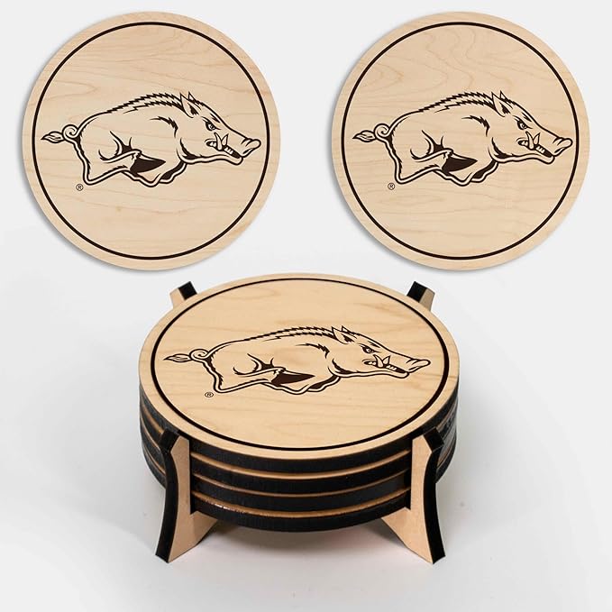 LazerEdge Arkansas Razorbacks Wooden Coaster Set - Maple Wood - Officially Licensed Product - 4-Pack
