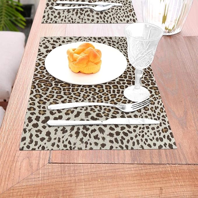 Leopard Print Placemats Set of 4,12x18 Inches Brown Cheetah Animal Print Decorative Placemats Rectangle Boho Modern Abstract Table Mats for Party Home Kitchen Dining Table Decoration