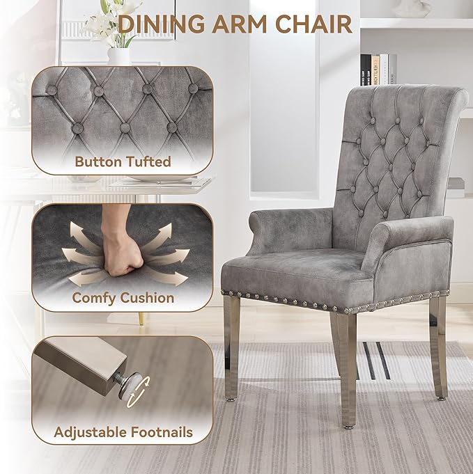 Velvet Dining Chair with Arms, Upholstered Tufted High Back Dining Room Chairs, Accent Armchair with Chrome Leg and Nailhead Trim, Kitchen Dining Living Room, Grey