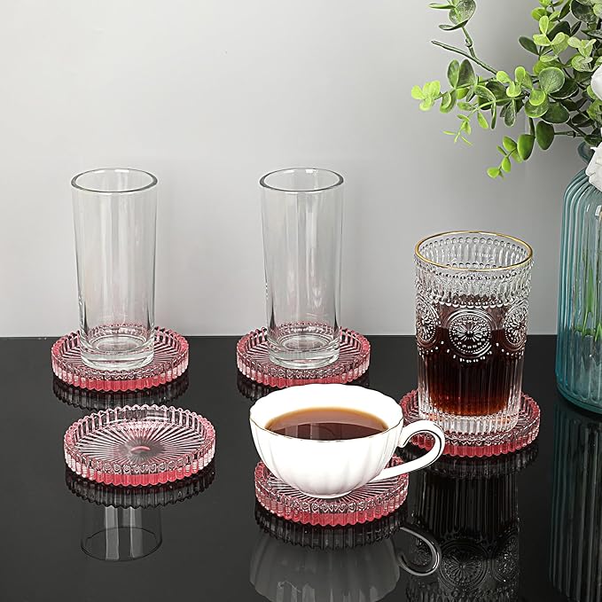 JUXYES 5 Pack Amber Tone Crystal Coasters Round Cup Mat, Glass Coasters for Drinks Coffee Tea Wine, Decorative Wine Bottle Coaster, Crystal Drink Coaster for Restaurant bar Kitchen Dining Table