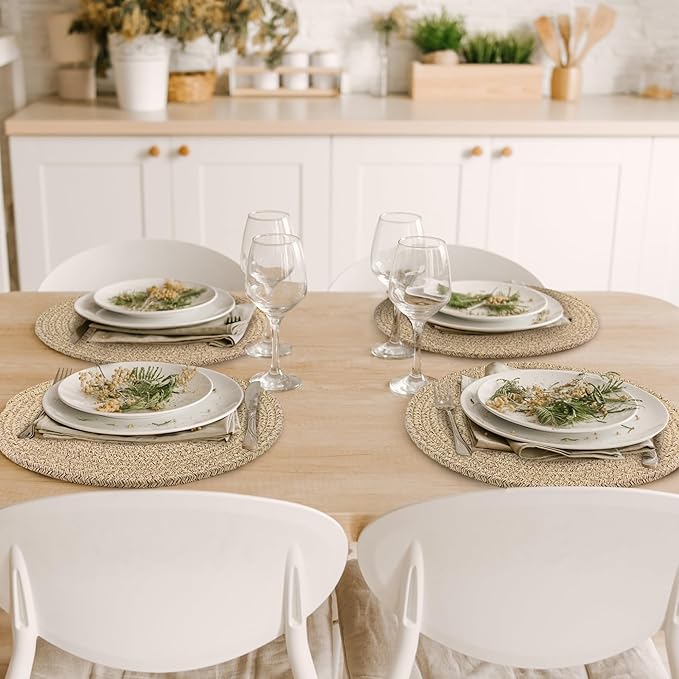 Kochorie Set of 4 Round Woven Cotton Placemats, 13 Inch Boho Table Mats for Kitchen and Dining Table, Farmhouse Heat Resistant Washable Trivets, Fall Thanksgiving Christmas Décor (Brown)