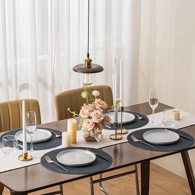 Jovono 15" Faux Leather Big Round Placemats Set of 8 - Washable Heat Resistant Non-Slip Dining Table Mats with Fabric Texture for Kitchen Home Party Decor, Blue