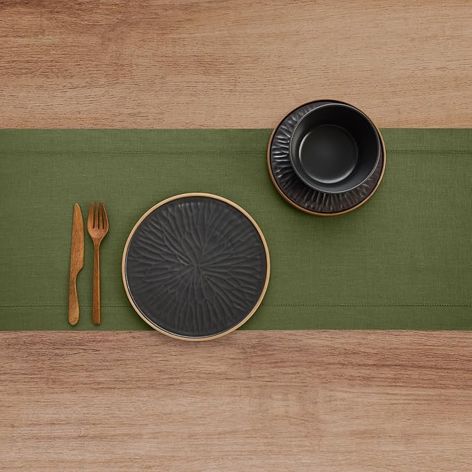 Solino Home Linen Olive Table Runner 144 Inches Long - 100% Pure Linen Extra Long Table Runner 14 x 144 Inch for St Patricks Day - Classic Hemstitch