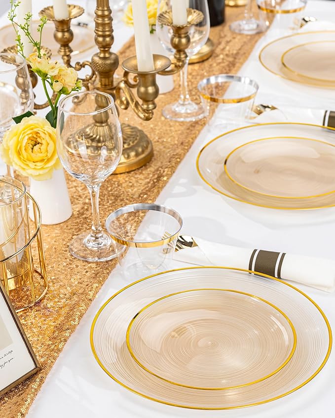 Morejoy 100Pcs Brown Plastic Plates, Clear Coffe Disposable Plates With Gold Rim,Heavy-Duty Brown Plates, Gold Dinnerware Set Include 50 Dessert-plates,50 Dinner-plates for Party & Christmas