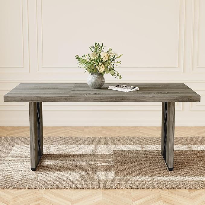 70.8" Farmhouse Dining Table for 6 People, Large Rectangle Kitchen Table with Heavy Duty Legs, Industrial Dining Room Furniture for Dinner, Grey