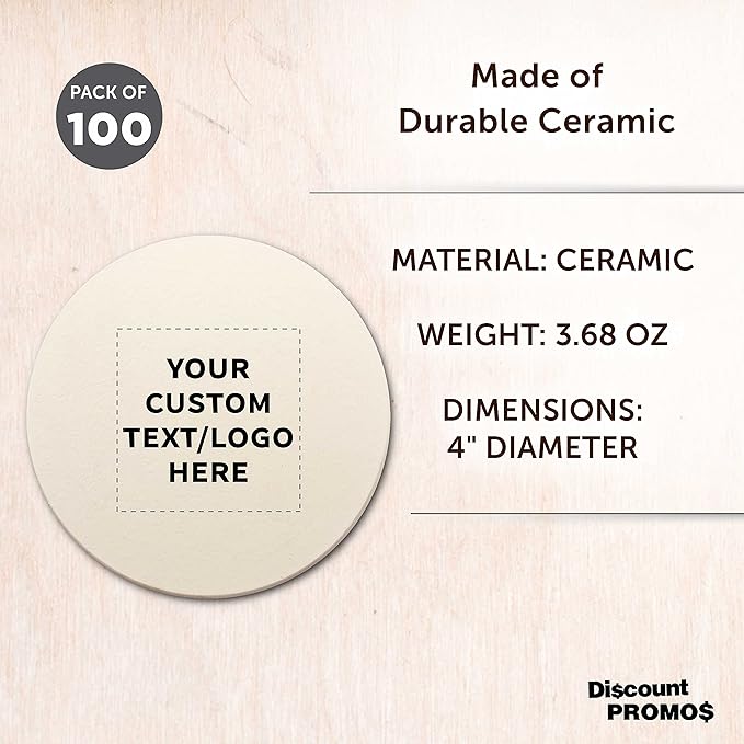 DISCOUNT PROMOS Custom Ceramic Coasters Set of 100, Personalized Bulk Pack - 4 Inches with Cork Bottom Pad, Perfect for Hotel, Bar, Restaurant - Natural