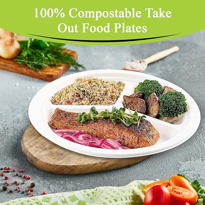 three leaf 10" 3 COMPARTMENT BAGASSE ROUND PLATE, 50 Ct. Heavy-Duty- Super Strong- Natural- Eco-Friendly Disposable Bagasse Plates, 100% Biodegradable 10 inch 3 compartment plates