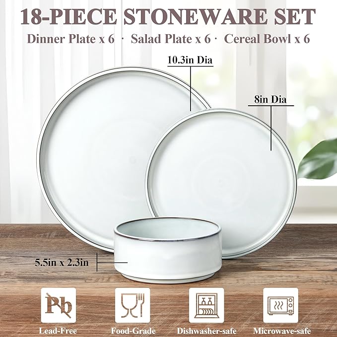Herogo Plates and Bowls Dinner Dishes Sets for 6, 18 Pieces Ceramic Stoneware Dinnerware Set, Rustic Terracotta Bottom, Dishwasher & Microwave Safe, Icy White
