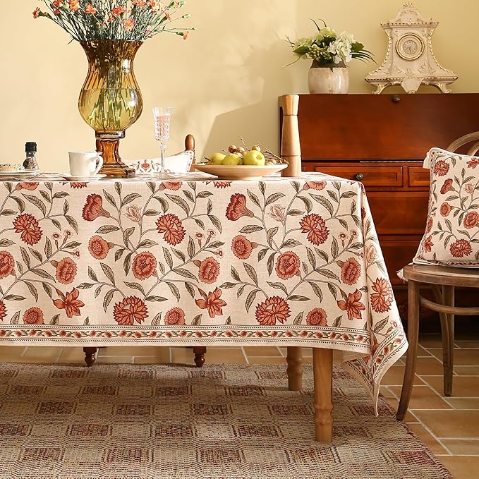ISAENNE Designer French Small Square Tablecloth,Linen Orange Floral Pattern Indoor Table Cloth,Wrinkle Resistant Decor Table Cloth for Dining Thanksgiving Kitchen Party,55"*55"-Alvarado D