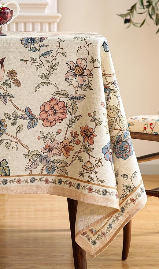 ISAENNE Designer French Light Beige Extra Long Rectangle Tablecloth,Linen Florals and Birds Pattern Table Cloth,Durable Decorative Tablecloths for Dining Thanksgiving Kitchen,67"*118"-Cornucopia