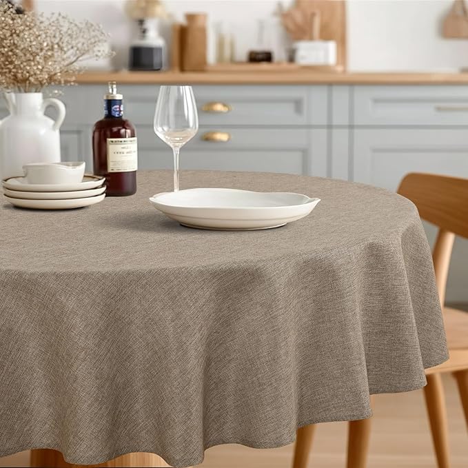 JIUZHEN Faux Linen Round Tablecloths 102 inch, Decorative Wrinkle Free Texture Rustic Circle Table Cloth Cover for Kitchen, Dining, Party, Wedding, Outdoor Use (102 Inch Round,Khaki)