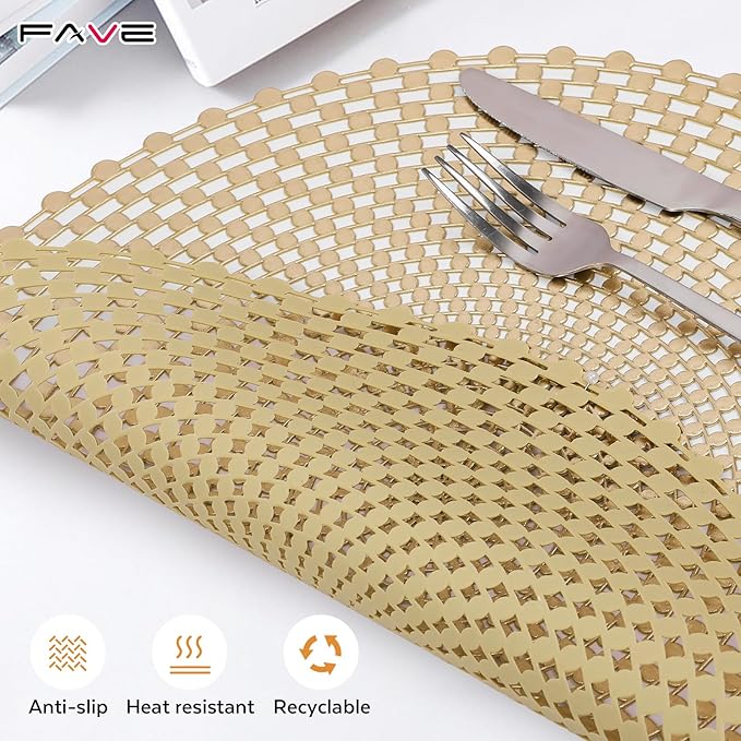 FAVE 8 PCS Vinyl Gold Round Placemats, Spiral Hollow Out Washable for Daily Dining, Holiday Events& Daily Use (15 Inch,8PCS)