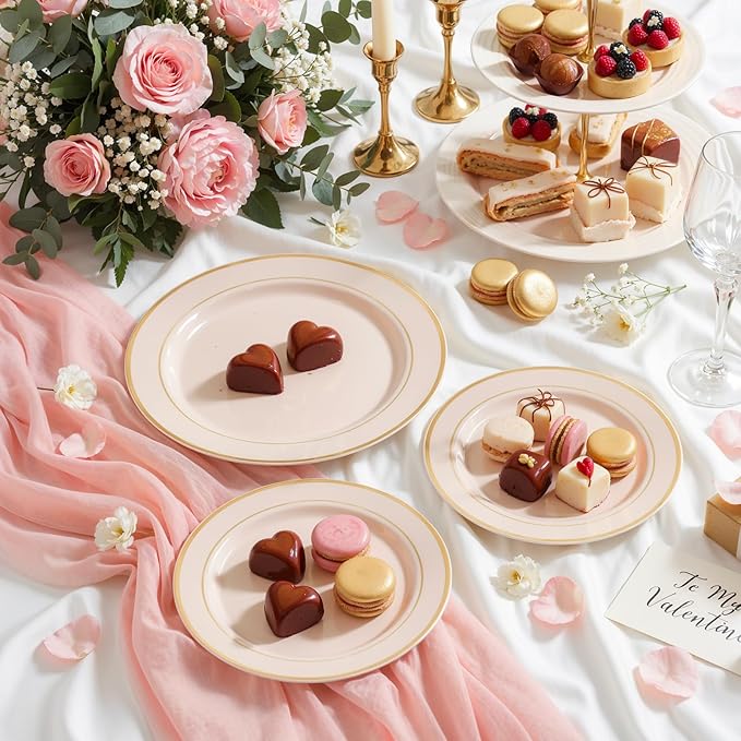 NOCCUR 200PCS Pink Plastic Plates for 100 Guests - Include 100PCS 10" Dinner/ 100PCS 7" Dessert Plastic Plates Heavy Duty - Ideal for Wedding/Party/Valentines & Galentines Day