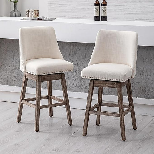 27.5" Counter Height Bar Stool, Linen Fabric Mid Century Modern Swivel Barstool with Back & Wood Legs Comfy Upholstered Counter Chair for Home Bar/Dining Room/Restaurant, Cream
