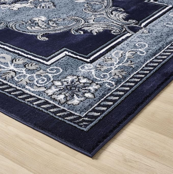 Modern 5x7 Navy Traditional Living Room Rug - Area Rugs for Living Room, Dining & Bedroom - Hand Carved Runner Carpet - Durable Polyester - Non-Fade, Stain-Resistant - Turkish Made