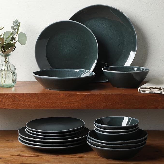 Bloomhouse - Two Time Oprah's Favorite Things Winner - Montecito Breeze 16 Piece (Service for 4) Double Plates and Bowls Stoneware Reactive Glaze Dinnerware Set - Laguna Dawn