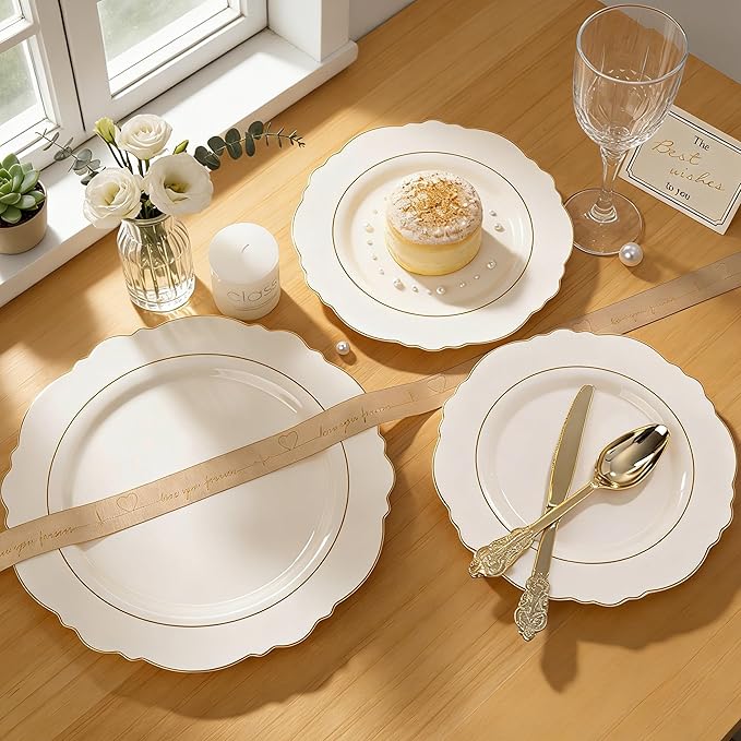Liacere 350PCS Ivory Plastic Plates - Cream Disposable Plates With Gold Rim - 50Guest Baroque Plastic Dinnerware include 100 Plates - 50 Pack Pre Rolled Napkins Silverware 50Cups for Wedding＆Easter