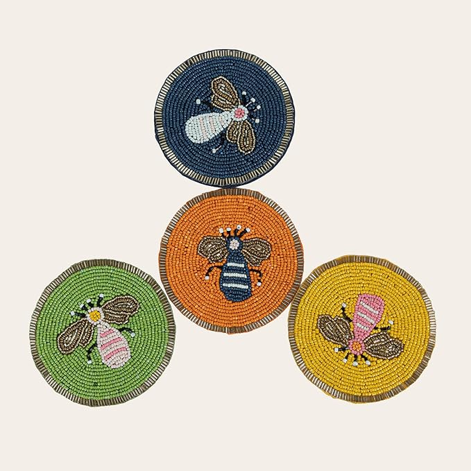 Beaded Coaster Set of 4 – Multicolor Glass-Bead Drink Coasters, Boho Table Decor for Dining & Gifting