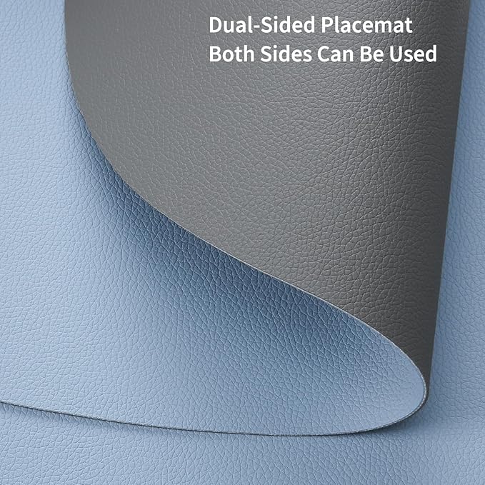 Myir JUN Round Placemats Set of 6 Faux Leather Place Mats and Coasters 15 inch Round Table Mats Dual Sided Non-Slip Stain Resistant Placemats (Gray & Sky Blue, Set of 6)