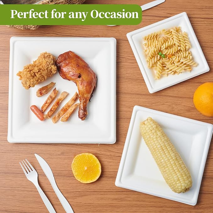 ECOLipak 150 Piecs Square Paper Plates, 8-inch Compostable Disposable Plates, Eco-friendly Heavy Duty Biodegradable Sugarcane Plates for Party Dinner Birthday