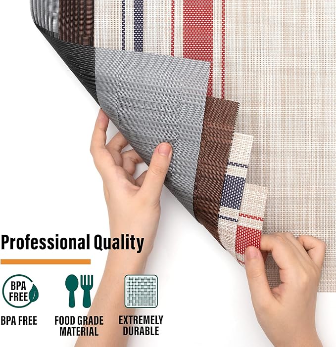 Winknowl Placemats Set of 6, Heat Resistant Non-Slip Vinyl Woven Table Mats for Dining Table, Washable Durable Elegant Place Mats for Kitchen Indoor/Outdoor Use (Black)
