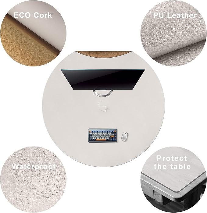 CENNBIE 42/40/36/32/30 Inches Round Table Mat - Cork Leather Placemats - Suitable as Side Dining Coffee Table Cover - Can Be Cut to Fit (Cream)