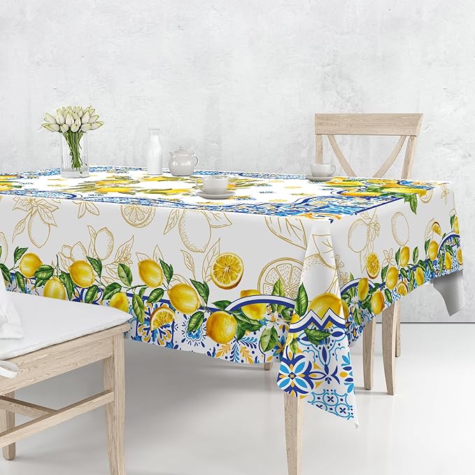 Lemon Tablecloth 60 x 104 Inch Rectangle, Yellow and Blue Mediterranean Summer Decor Tile Flower Pattern Table Cloth Italian Themed Decor for Party Oblong Table Cover for Dining Room