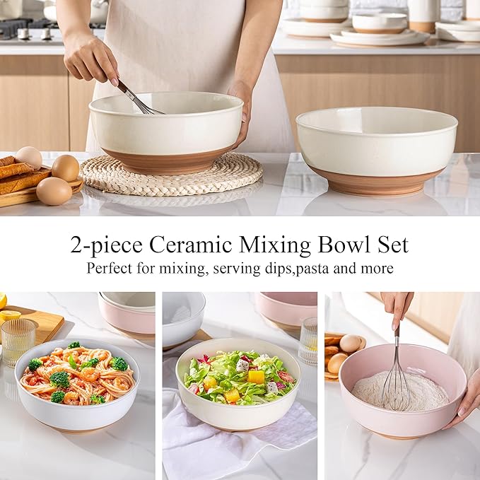 AmorArc 9.8’’ Ceramic Serving Bowls, 90 OZ Extra Large Salad Bowls Set of 2, Stoneware Oversized Bowls with Rustic Terracotta Underside for Salad, Soup and Dinner. Large Bowls for Entertaining &Gift