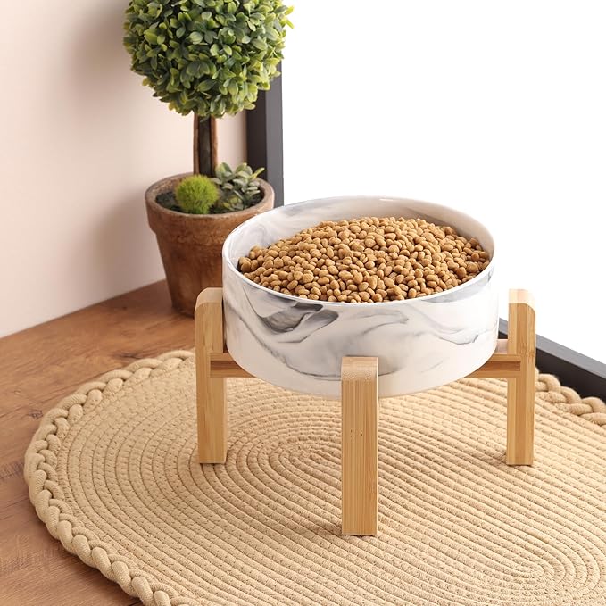 Elevated/Raised Dog Bowl Ceramic with Wood Stand for Medium Large Breed,Dog Food Water Dish Heavy Weighted, 8 in Non Slip Porcelain Pet Bowl Extra Big Marble Grey