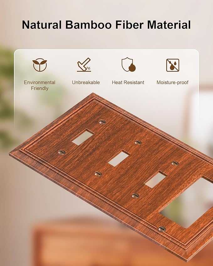 2-Pack Combo Tripple Toggle/Decorator Outlet Cover Plate, Wood Grain Decorative Switch Plates and Outlet Covers, Durable Natural Bamboo Fiber Wall Plates for Electrical Outlet, Receptacle, GFCI Outlet