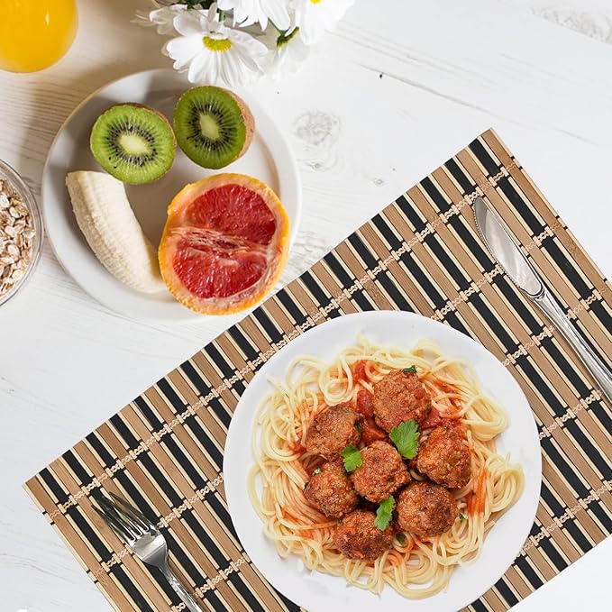 ANDSTAR Set of 8 Bamboo Slats Placemat Modern Placemats Natural Anti-Slip Bamboo Placemats Washable Heat-Resistant Table Mats for Kitchen Dinning Room Table Decor(Black)