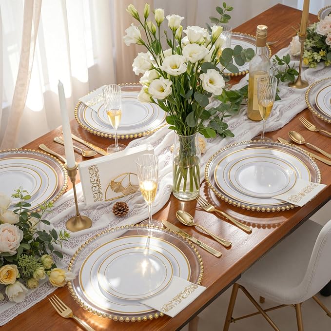WDF300 Pieces Gold Plastic Silverware - Heavy Duty Disposable Cutlery Set Plastic Gold Silverware Set Includes 100 Forks, 100 Spoons, 100 Knives for Party Valentine’s Day
