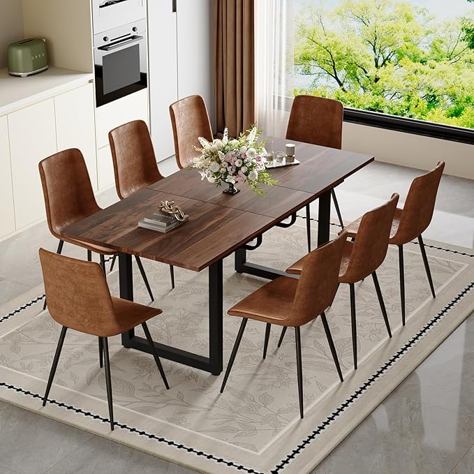 Extendable Dining Table Set for 8, 55"–71" Modern Wood Kitchen Table with 8 Upholstered Chairs, Space-Saving for Living Room Apartment, Sturdy & Comfortable, Easy Assembly